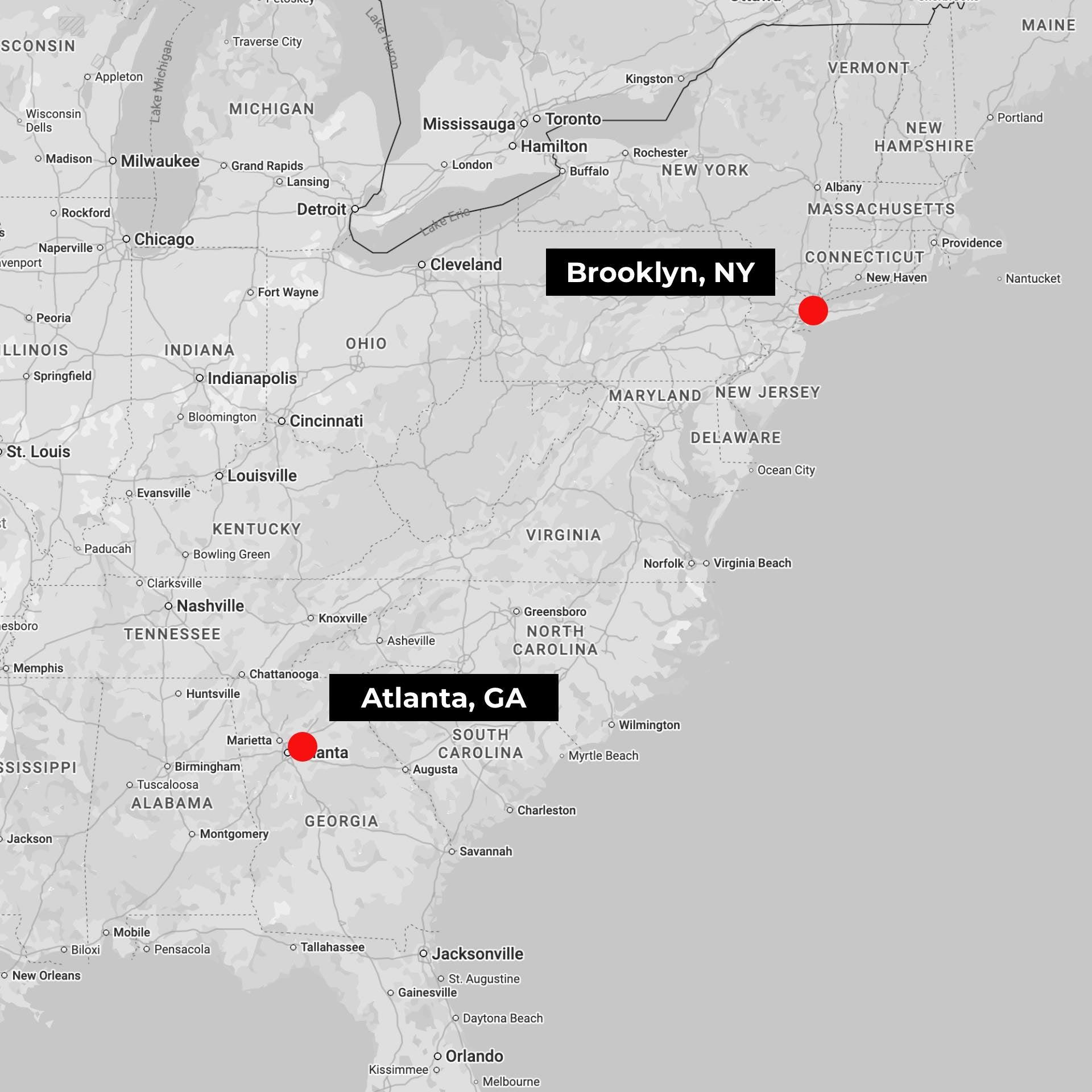 Map showing Atlanta, Georgia and Brooklyn, New York buying office areas